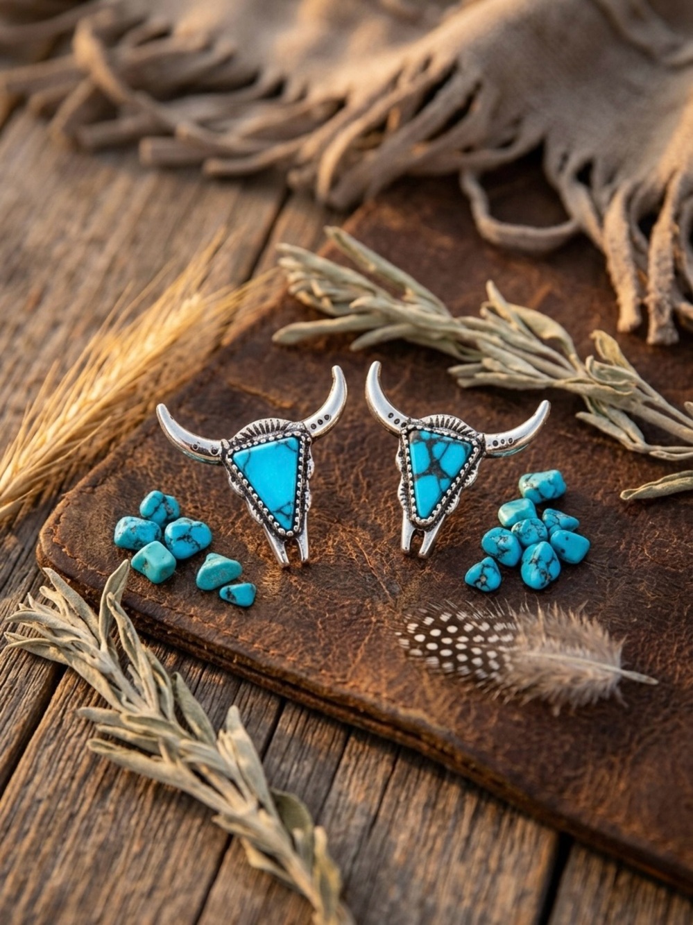 Myra Bag Turquoise Bull Skull Stud Earrings - Picture 3 of 8